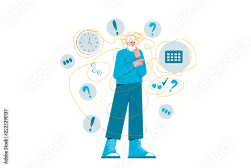 Elderly man with Alzheimer's disease. Memory loss, confusion, difficulty concentrating, impaired thinking and planning. Dementia symptoms, cognitive impairment, forgetfulness, disorientation. Vector.