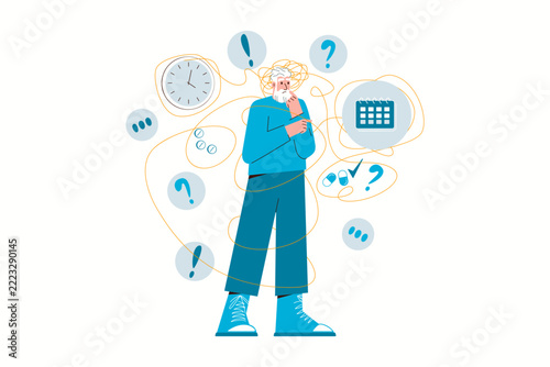 Concept of dementia and Alzheimer's disease. Elderly man with cognitive impairment, experiencing difficulties with remembering tasks, planning, and following plans. Brain function impairment. Vector.