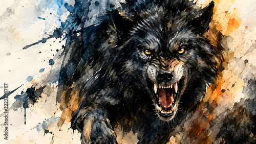 Aggressive Black Wolf Watercolor Art Showing Teeth and Growling, Fierce Wild Animal Portrait, Intense Predator Expression, Dark Wildlife Illustration, Fear, Ferocity and Wilderness