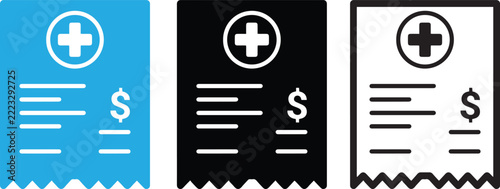 Medical Receipt and Healthcare Invoice Icon Set, Medical Bill Payment Document Vector Illustration