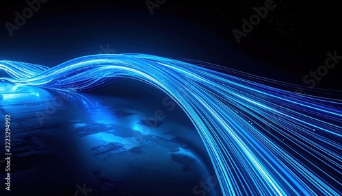 Abstract blue neon light streaks on black background, futuristic technology data stream flowing through digital space with glowing particles, high speed fiber optic wave network communication design