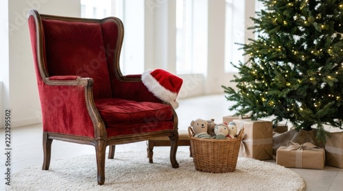 Empty red velvet armchair with Santa hat beside Christmas tree