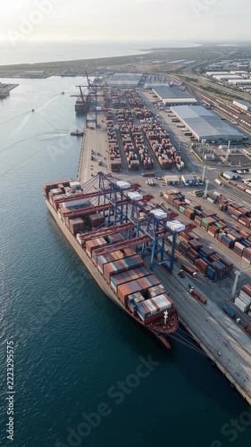 Vertical Timelapse of container ship docked at busy cargo port