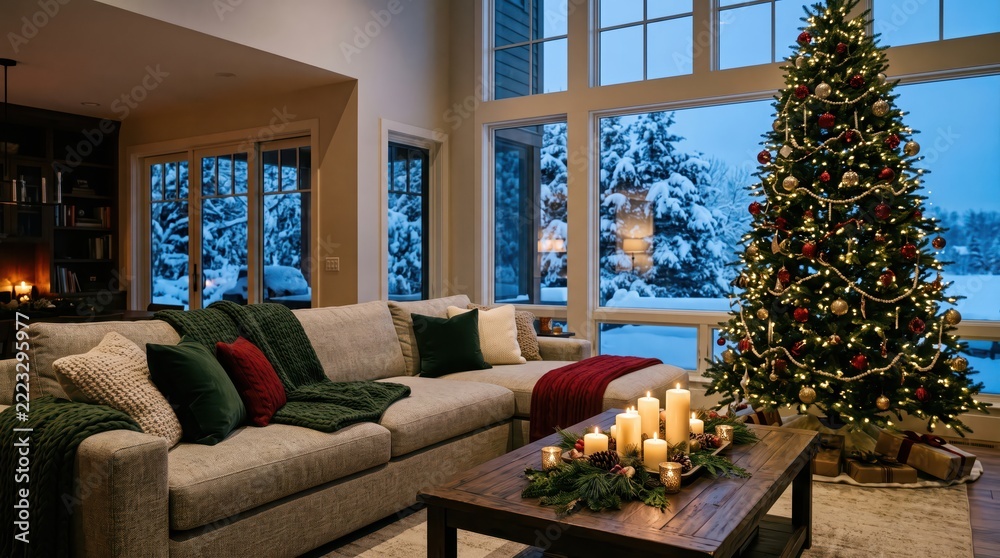 Naklejka premium Decorated Christmas tree in a cozy living room beside snowy winter windows. Holiday home interior with fireplace and candlelit table. Christmas celebration and seasonal decorating.