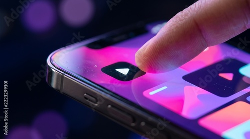 Close-up of a human finger pressing a digital play button icon on a colorful smartphone touch screen interface