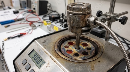 Industrial thermocouple probe in snug dry block insert at 900C during metrology calibration