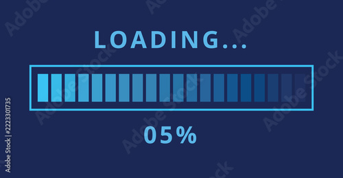 Vector illustration of light blue loading bar isolated on dark blue background for websites and graphic resources. Loading bar at 05% loaded.