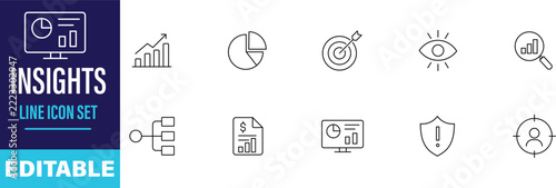 Editable set of thin line icons for business insights and data analysis