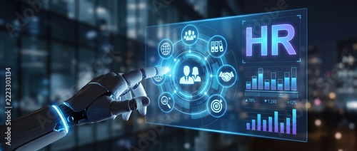 robotic hand interacting with digital HR interface