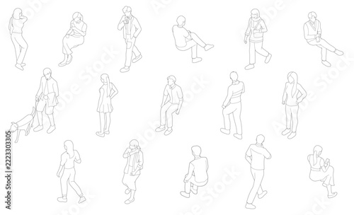 Isometric people drawing collection for architectural entourage CAD presentation and city landscape renderings featuring diverse walking, sitting, standing poses and a pet dog.