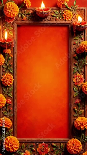 Glowing traditional oil lamps flickering brightly beside ornate marigold flower garlands on wooden frames