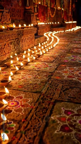 Glowing clay oil lamps illuminating traditional Indian floor decorations during festive celebrations
