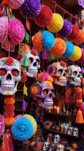 Vibrant painted sugar skulls and colorful paper decorations hanging in Mexican marketplace