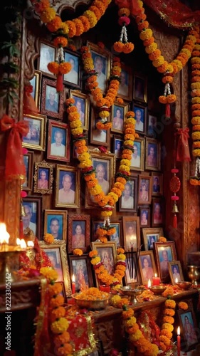 Traditional Indian ancestral altar decorated with marigold flowers and glowing oil lamps