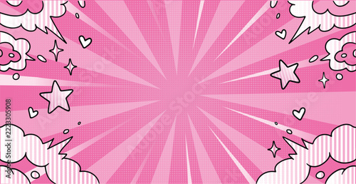 Fluffy halftone clouds and stars on pink anime comic book background. Vector cartoon illustration of cute manga style sky banner with abstract speed motion lines or rays, dreamy pop art poster design