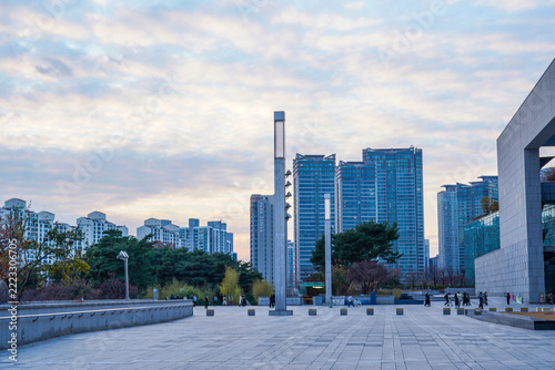Modern city plaza with skyline in Seoul