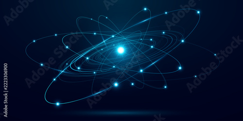 Abstract atom concept on a deep blue background featuring glowing orbital paths, electron particles and atomic structures in cyan tones. Design for scientific research presentation. Vector.