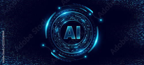 Futuristic AI technology background with glowing HUD digital circles and circuit elements on a deep blue pixel grid backdrop. Hi-tech banner design for artificial intelligence or machine learning.
