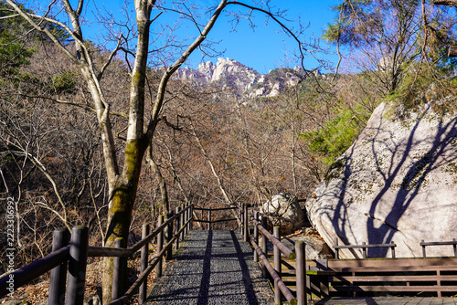Wooden boardwalk trail towards Bukhansan mountain peak