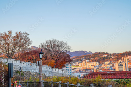 Seoul City Wall with distant mountain background