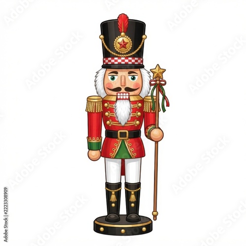 Traditional nutcracker soldier figure in red uniform with tall black hat and golden staff for festive holiday home decorations.