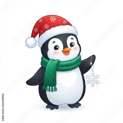 Cute cartoon penguin wearing red santa hat and green scarf holding sparkling snowflake for winter holiday greeting card designs.