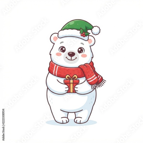 Adorable polar bear character wearing green santa hat and red scarf holding small gift box for christmas seasonal celebrations.