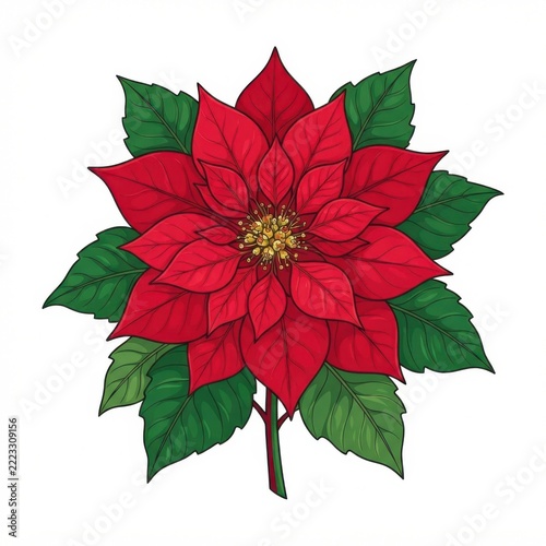 Vibrant red poinsettia flower with lush green leaves, a classic symbol of christmas holidays and winter season.