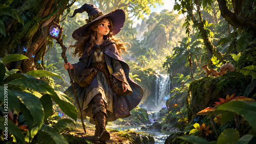 Cute Woman Wizard Walking in a Jungle, Fairytale Children’s Book Illustration, Adorable Fantasy Character Art, Magical Forest Adventure, Whimsical Cartoon Sorceress, Enchanted Tropical Nature