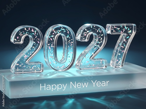 Three dimensional glass number 2027 with colorful glitter inside for happy new year celebration