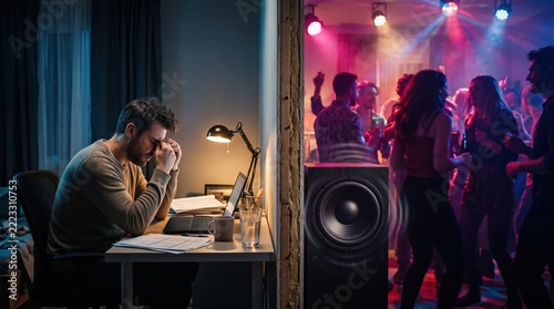 Stressed man trying to study in lighting while noisy neighbors party loudly through the thin wall