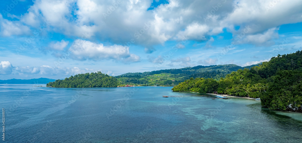 Fototapeta premium The aerial view of a beautiful tropical beach island with white sand beach, palm trees and clear blue ocean and lush green jungle