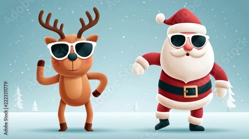 cool santa and deer with sunglasses dancing in a festive winter scene illustrated animation