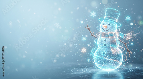 Glowing 3D Snowman Illustration with Holographic Wireframe Effect and Floating Snowflake Particles for Winter Holiday Season Background