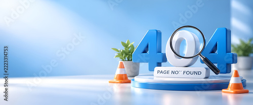 Creative 404 error concept with a magnifying glass and traffic cones. Symbolizes website errors and internet issues in a digital landscape.