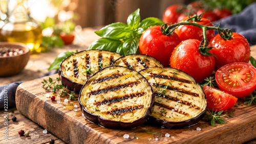 Delicious grilled eggplant slices served with fresh tomatoes and basil on a rustic wooden board, perfect for a healthy and flavorful meal.