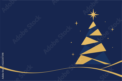 Elegant navy blue Christmas background with abstract gold geometric tree, stars and wavy line, copy space for text, vector illustration
