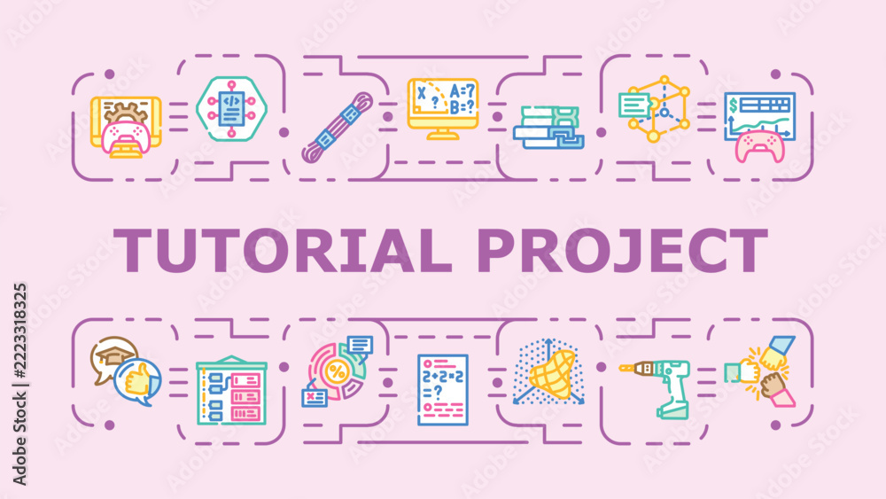 Fototapeta premium Tutorial project banner infographic. Build example, task exercise, study develop icon vector illustration