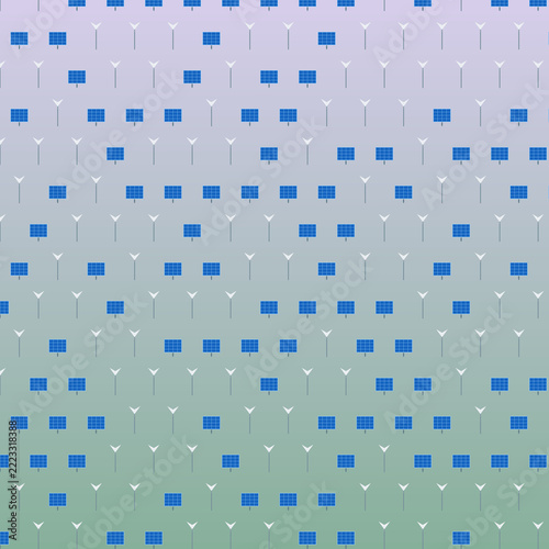 Renewable Clean Energy Seamless Pattern with Solar Panels and Wind Turbines
