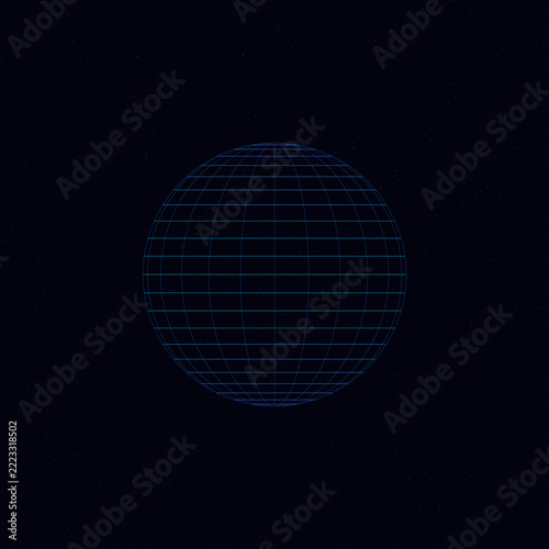 3D Blue Wireframe Globe Mesh with Latitude and Longitude Grid Lines in Dark Outer Space Background Vector Illustration