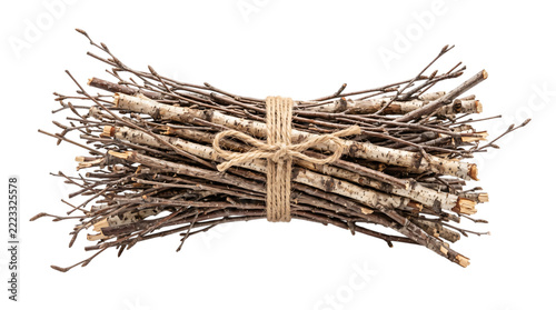Wood bundle tied with rope on black background.