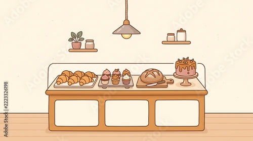 Cozy pastel bakery interior featuring delicious golden croissants sweet decorated cupcakes fresh crusty bread loaf and beautiful frosted cake displayed on wooden counter illuminated by hanging warm pe