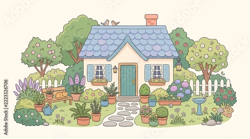 Cozy cottage illustration featuring a quaint rustic house surrounded by lush blooming gardens cute birds resting on the roof sweet sleeping cat on a wooden bench pastel colors vector artwork