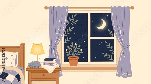 Cozy bedroom interior featuring sleeping grey cat resting peacefully on wooden nightstand beside glowing bedside lamp and window displaying glowing crescent moon amidst starry night sky during peacefu