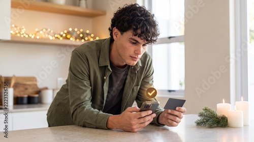 Security-minded buyer entering payment details with card and phone at candlelit kitchen counter