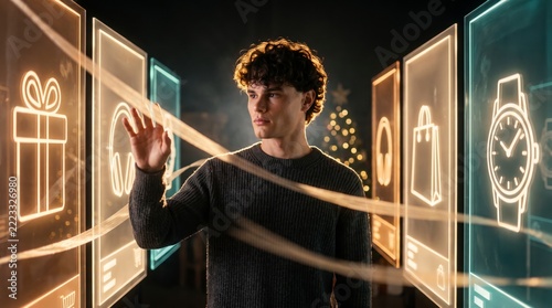 Exploratory consumer reaching toward floating holographic product panels in dark Christmas showroom