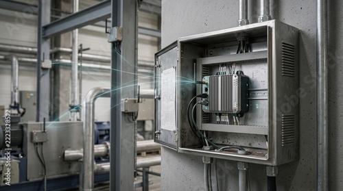 Industrial control box mounted on a concrete wall inside a factory setting
