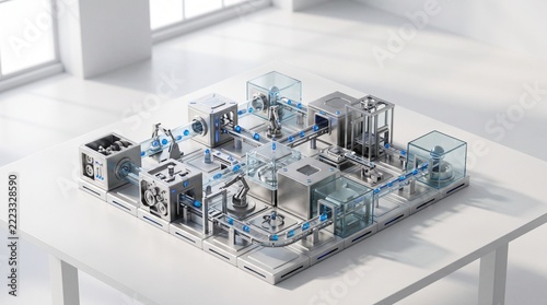 Detailed miniature model of a modular factory assembly line on a table