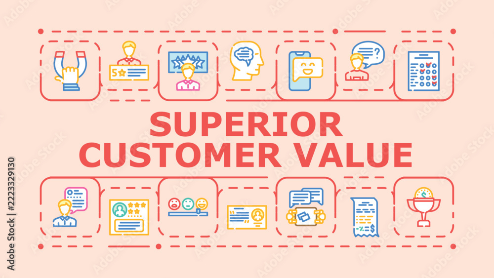 Obraz premium Superior customer value banner infographic. Advantage delivery, trust retention, convenience support icon vector illustration