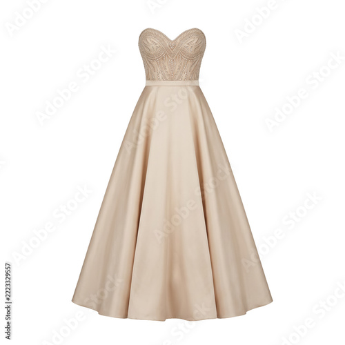 Champagne satin ball gown with beaded sweetheart corset bodice